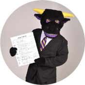 Stomper posing in a suit and tie holding his resume