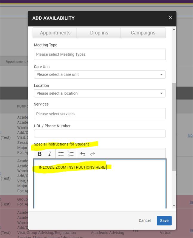 Screenshot of office hour set up with specific instructions area highlighted. 