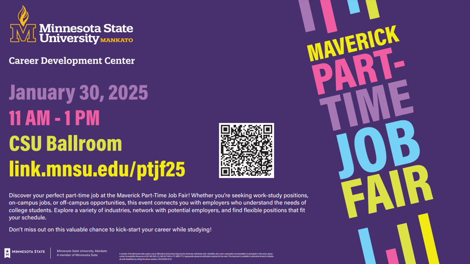 Career Development Center flyer for the Maverick Part-Time Job Fair January 30, 2025 from 11am - 1pm in the CSU Ballroom