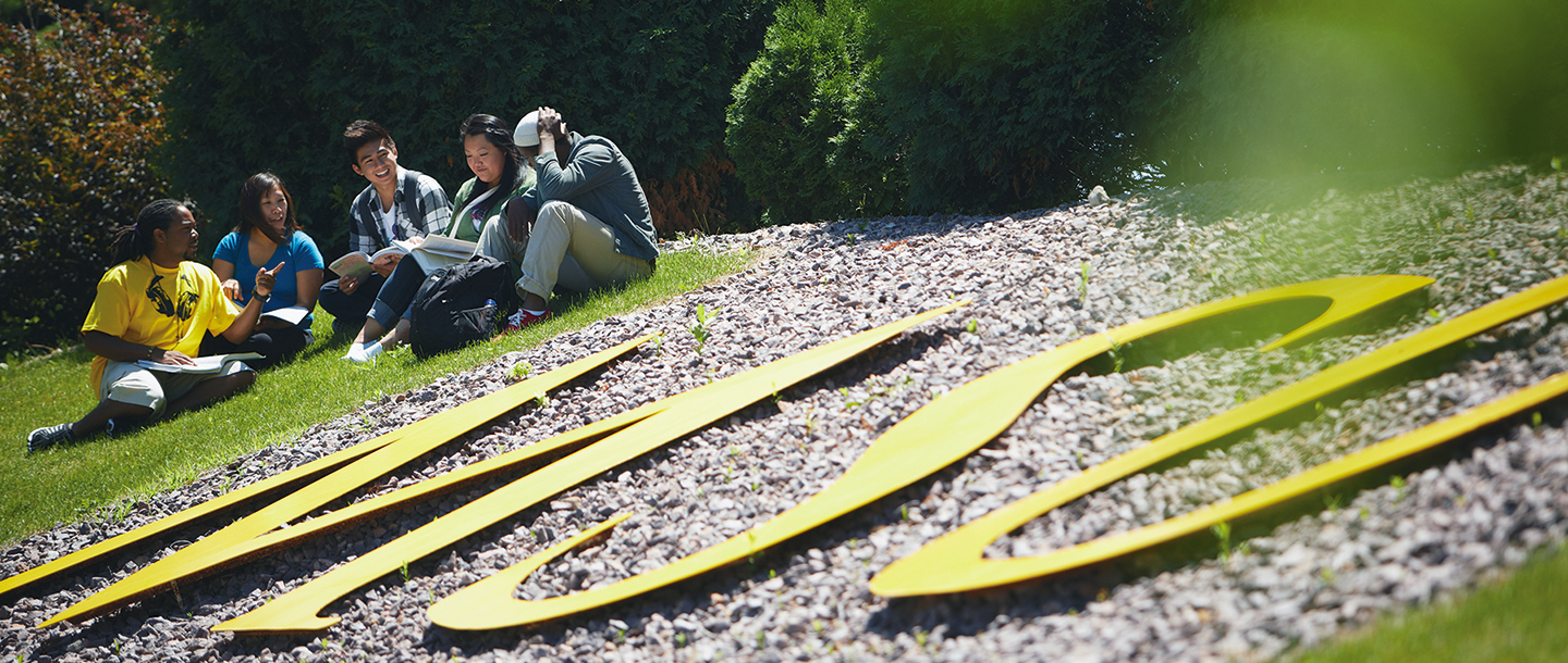 Group of students sitting on the grass by the MSU letters