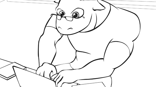 Coloring book page of Stomper studying in the library