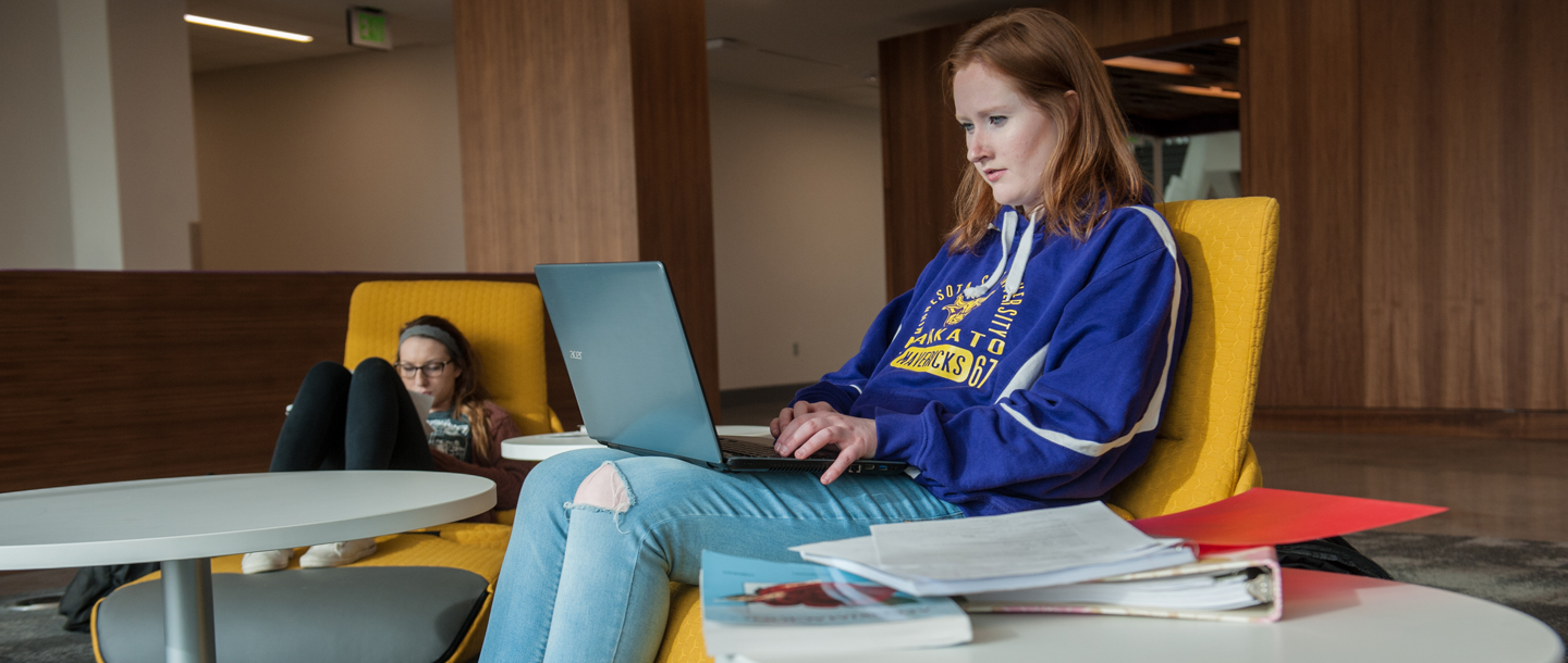 Student with laptop studying in the study lounge