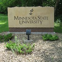 Minnesota State Mankato Stadium Road West sign at the entrance from the west end of Stadium Road