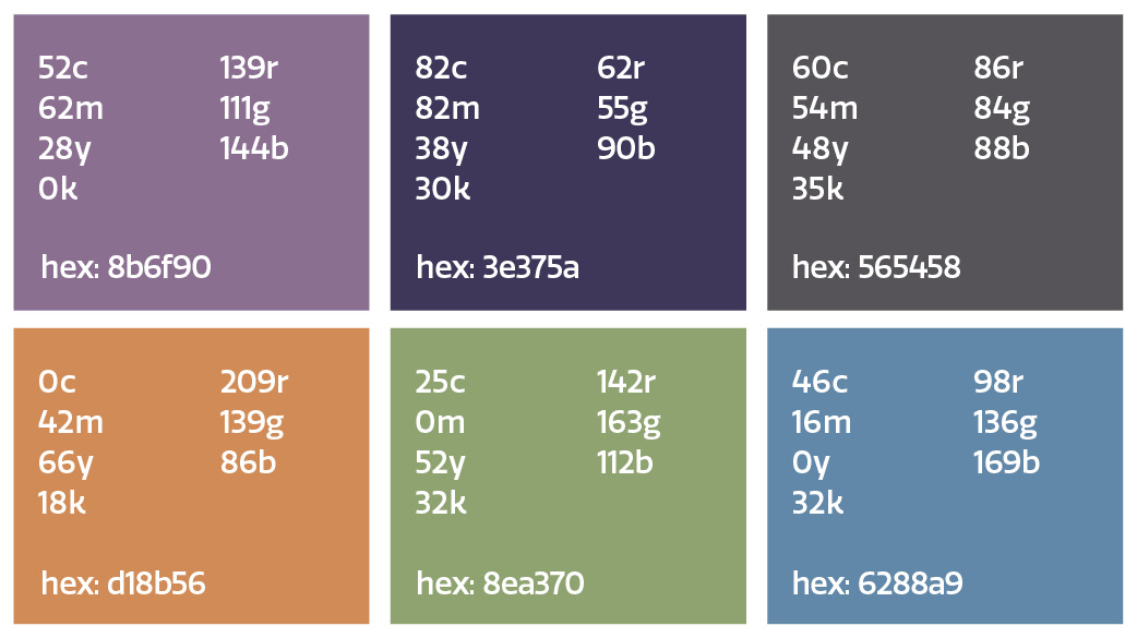 secondary colors hex 8b6f90, 3e375a, 565458, d18b56, 8ea370, 6288a9