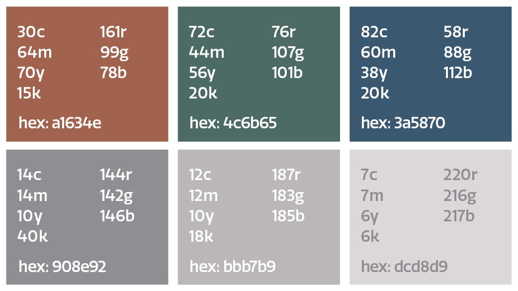 secondary colors Hex a1634e, 4c6b65, 3a5870, 908e92, bbb7b9, dcd8d9