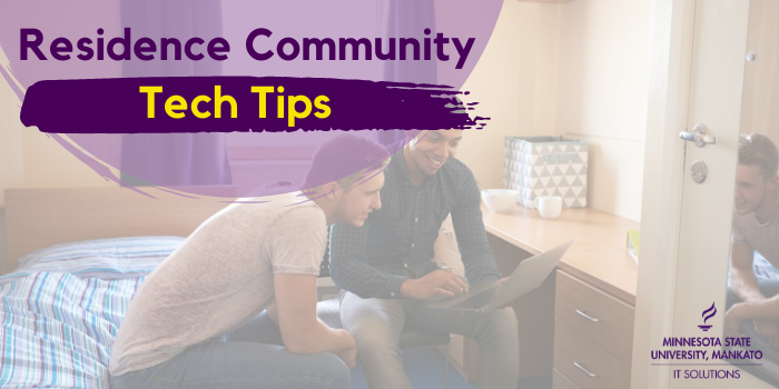 Two students in a residence community room looking at a laptop. Text that says "residence community tech tips" and the IT Solutions logo