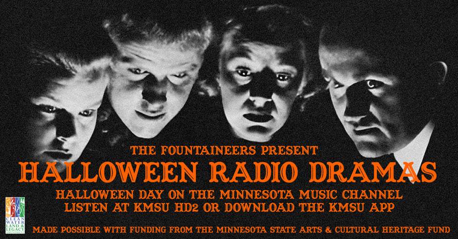 Four shadowy faces hovering over the words Halloween Radio Dramas