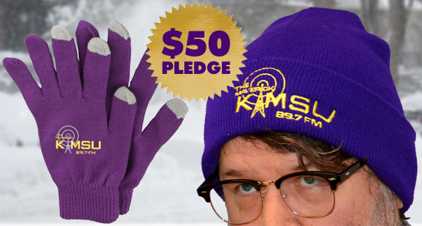 Purple gloves with KMSU logo and purple knit cap with KMSU logo