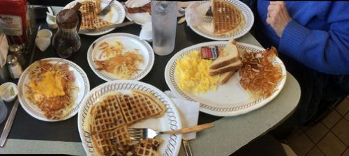 Someone sitting at a table restaurant with plates of breakfast on the table