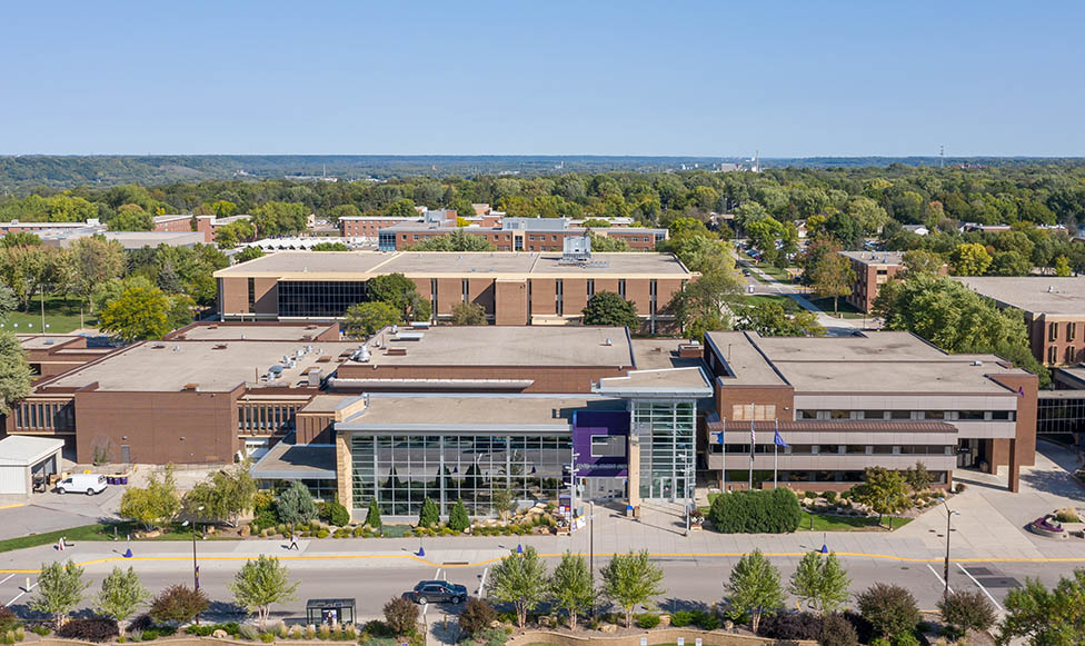 Aerial view of campus near the Centennial Student Union