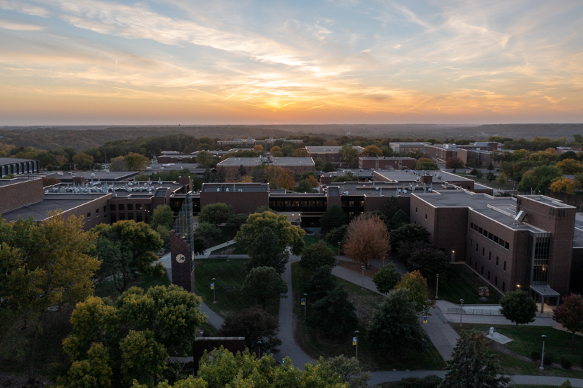 Sunset on the MSU campus and bell tower. 
