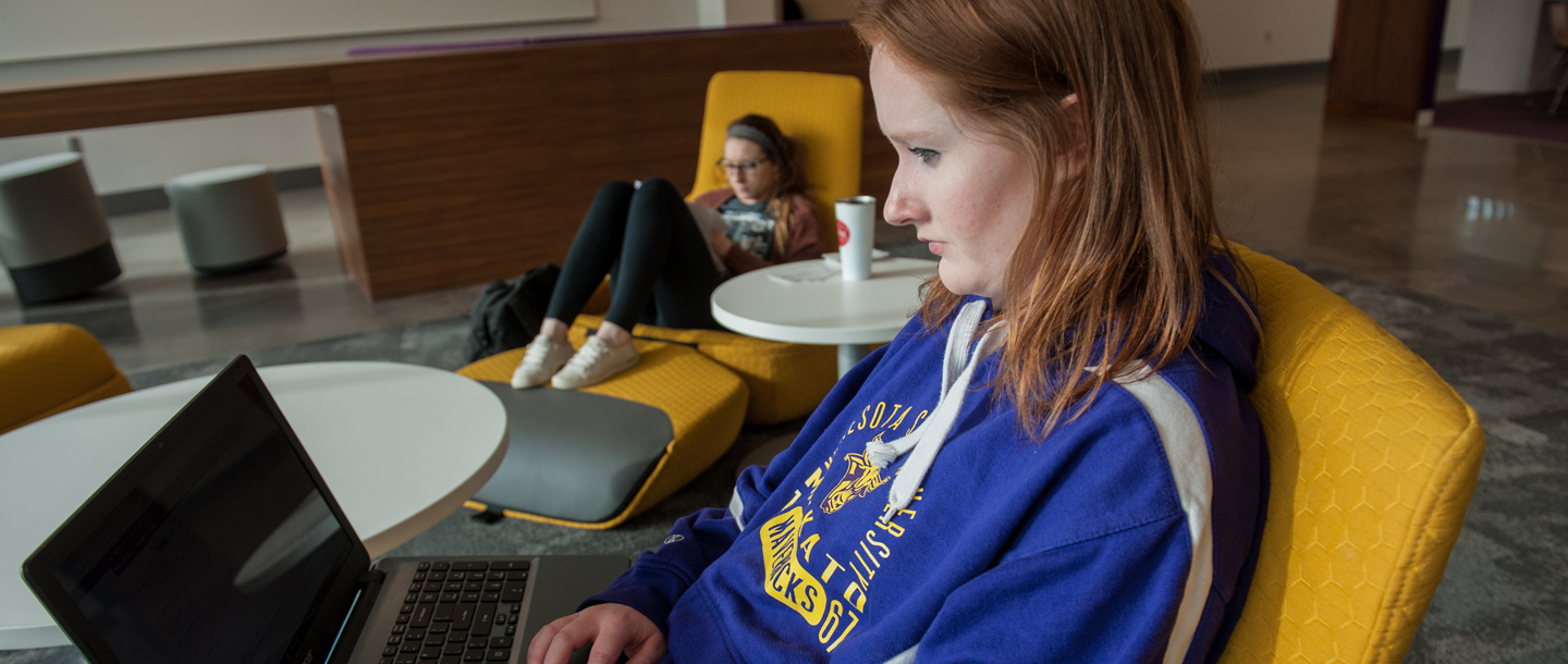 Minnesota State Mankato student on laptop computer