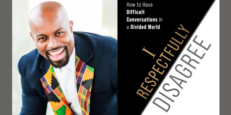 Justin Jones-Fosu smiling beside his book I Respectfully Disagree