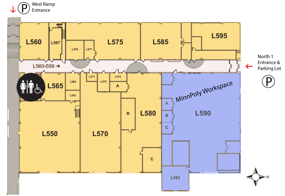 Floor plan image of the Saint Paul College entrances and MinnPoly Workspace area