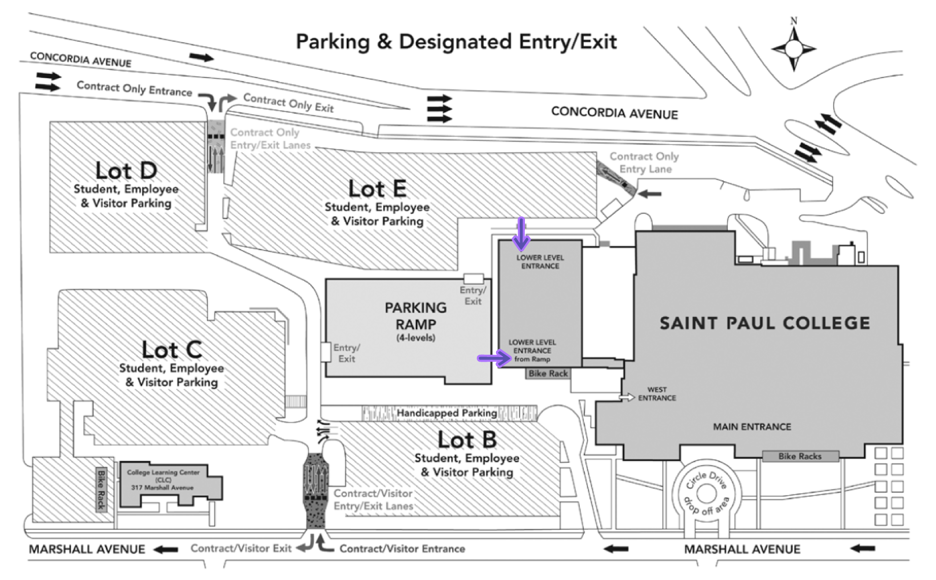 Image of the Saint Paul College campus parking lots and building entrances