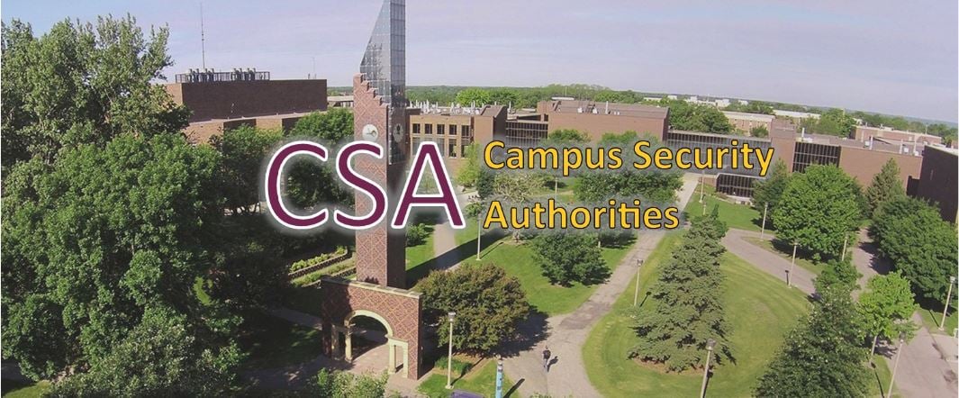 Title of "CSA Campus Security Authorities" with an aerial view of campus in the background