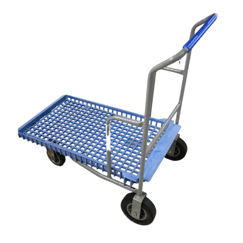 a blue and gray cart with a black background