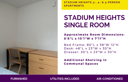 Stadium Heights single room with bed, desk and dresser