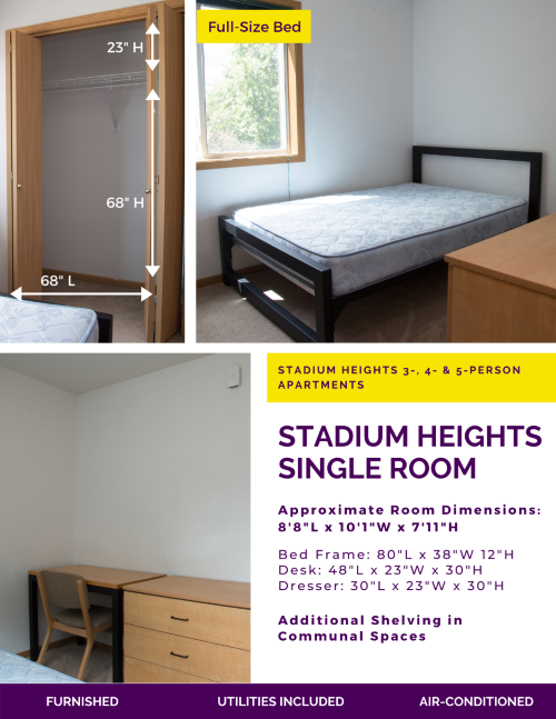 Stadium Heights single room with bed, desk and dresser