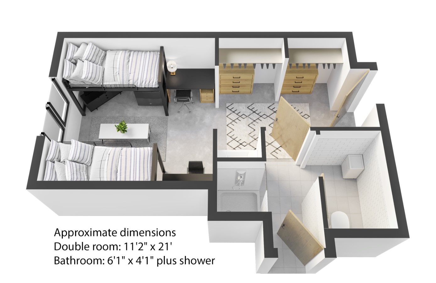 Rendering of double semi-suite floor plan